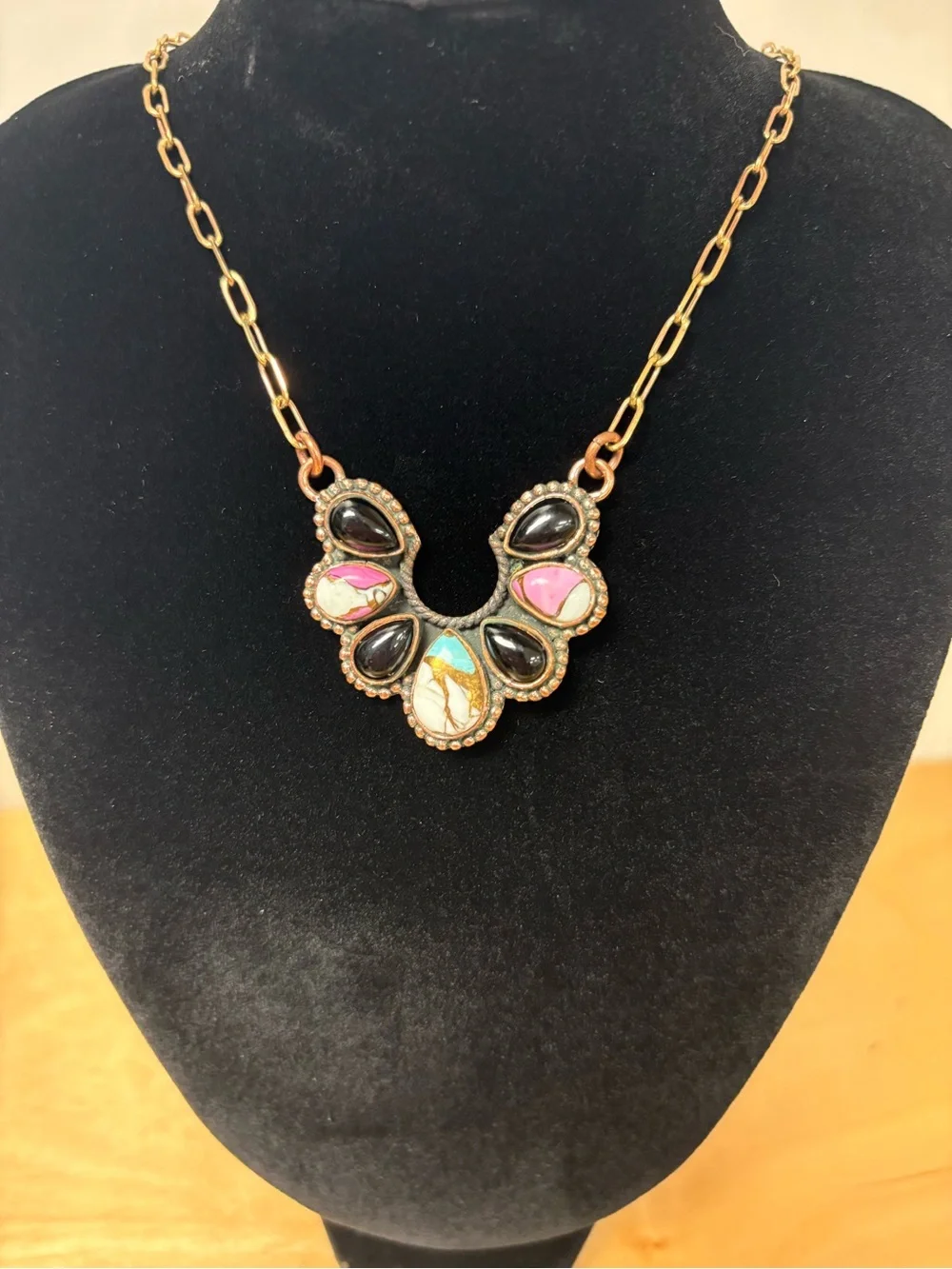 Copper Multicolor Naja Statement Necklace in cotton candy and black onyx